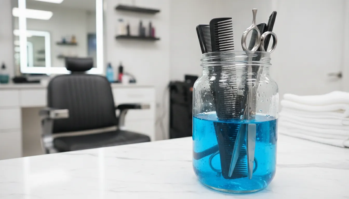 Barber shears and combs soaking in a mixed disinfectant solution jar on a clean marble countertop