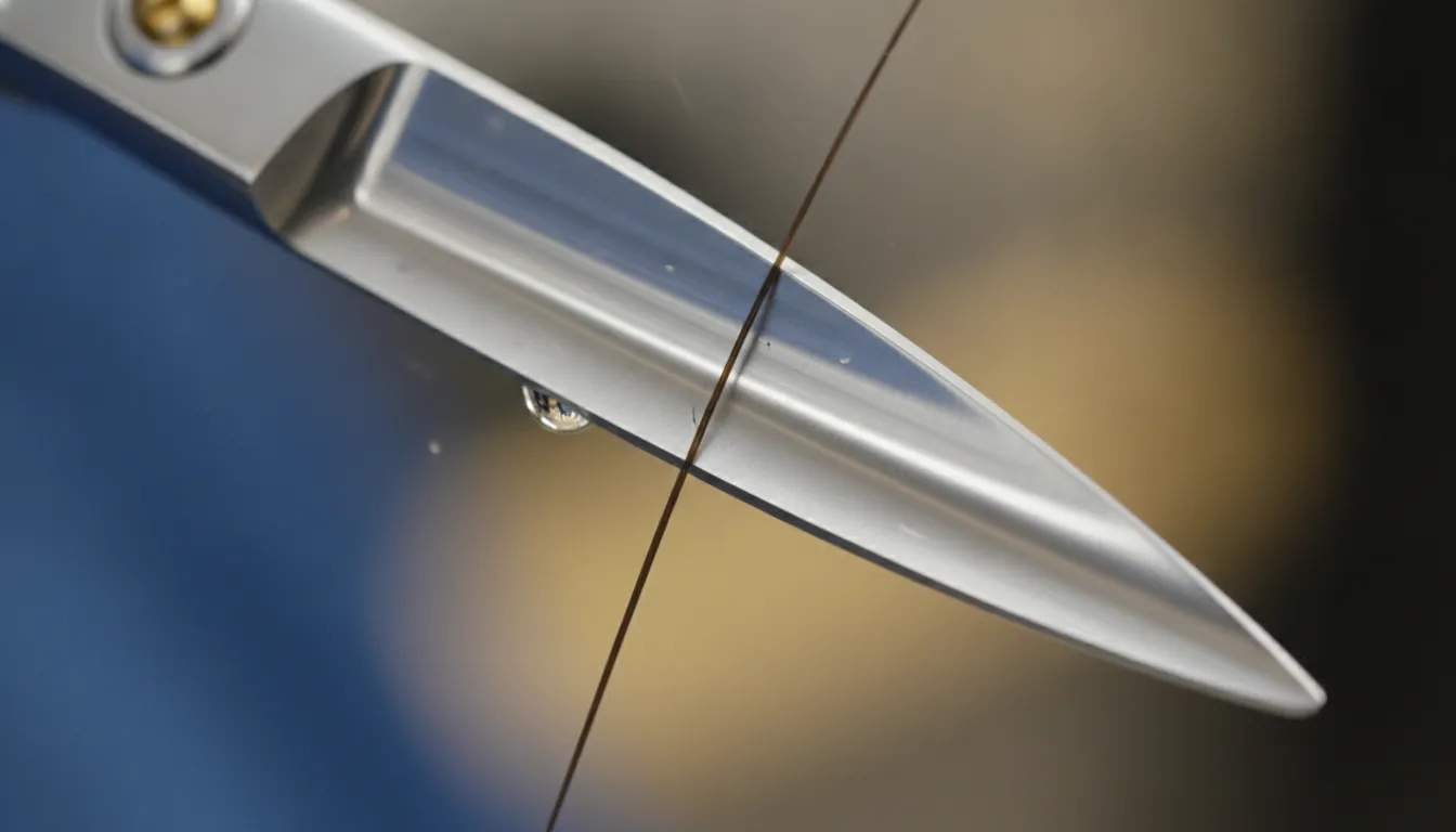Macro close-up of convex blade edge on professional barber shears slicing through a strand of hair