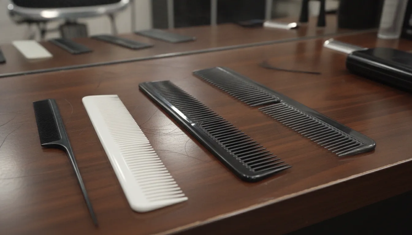 An assortment of professional barber combs including carbon fiber, plastic cutting, ceramic taper, and tail combs arranged on a station