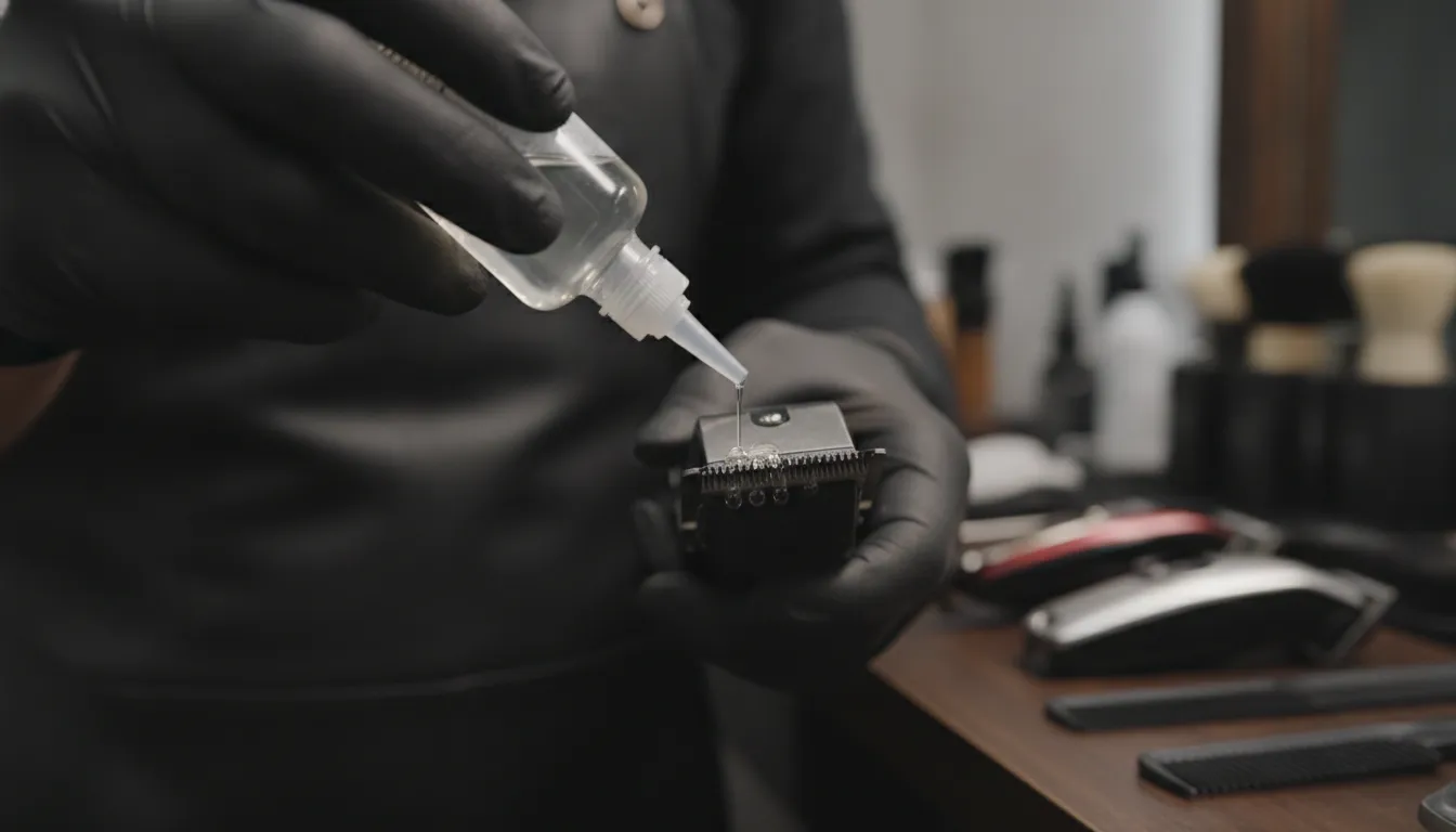 A professional barber applying drops of clear clipper oil to the teeth of a steel hair clipper blade
