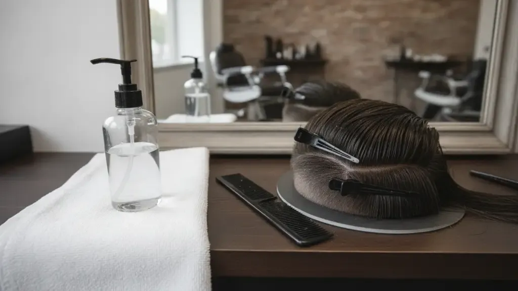 Barber workstation with spray bottle, comb, towel, and damp hair prepared for texture styling