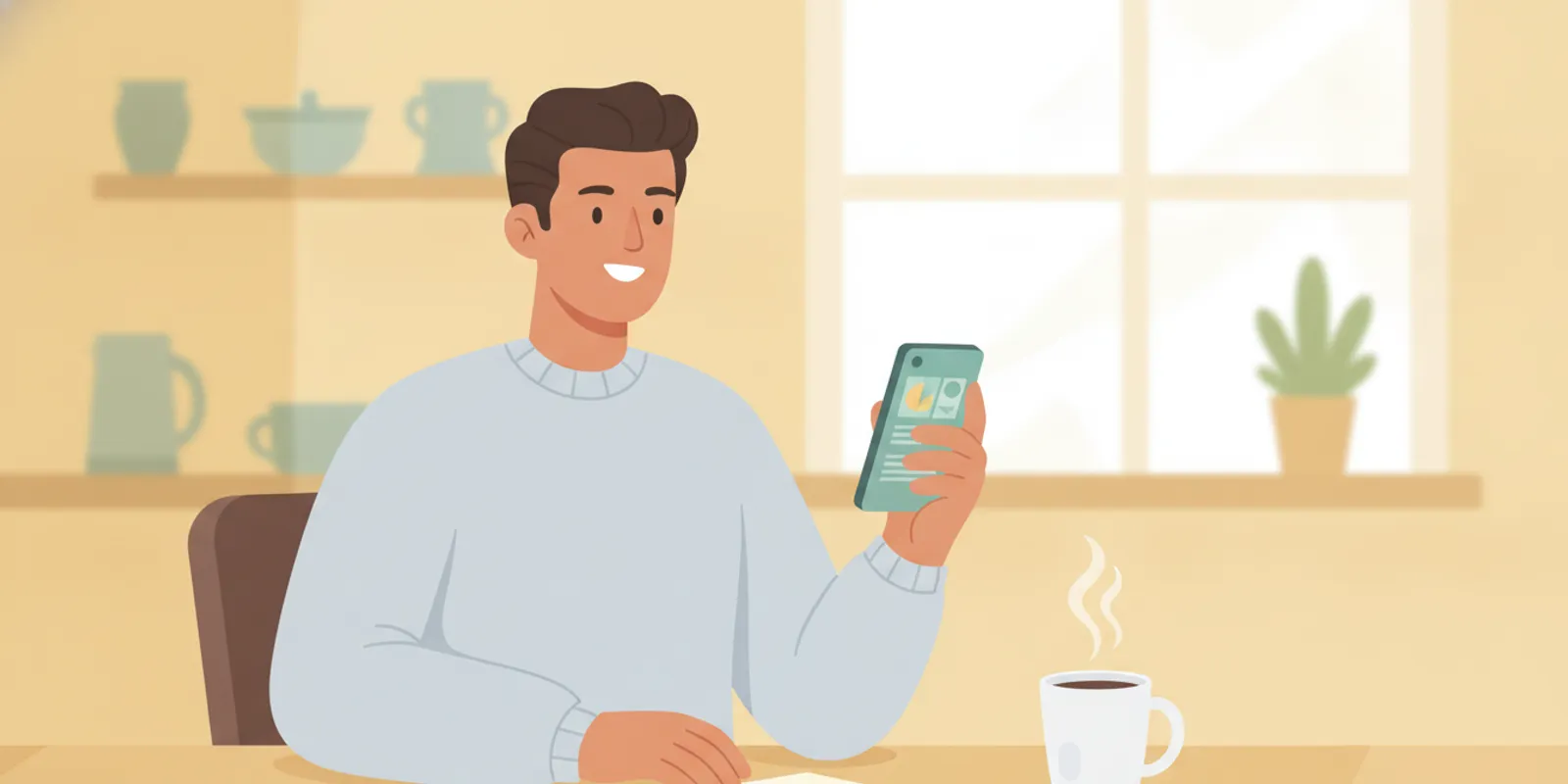 Filipino professional reviewing finances on a phone at a bright kitchen table