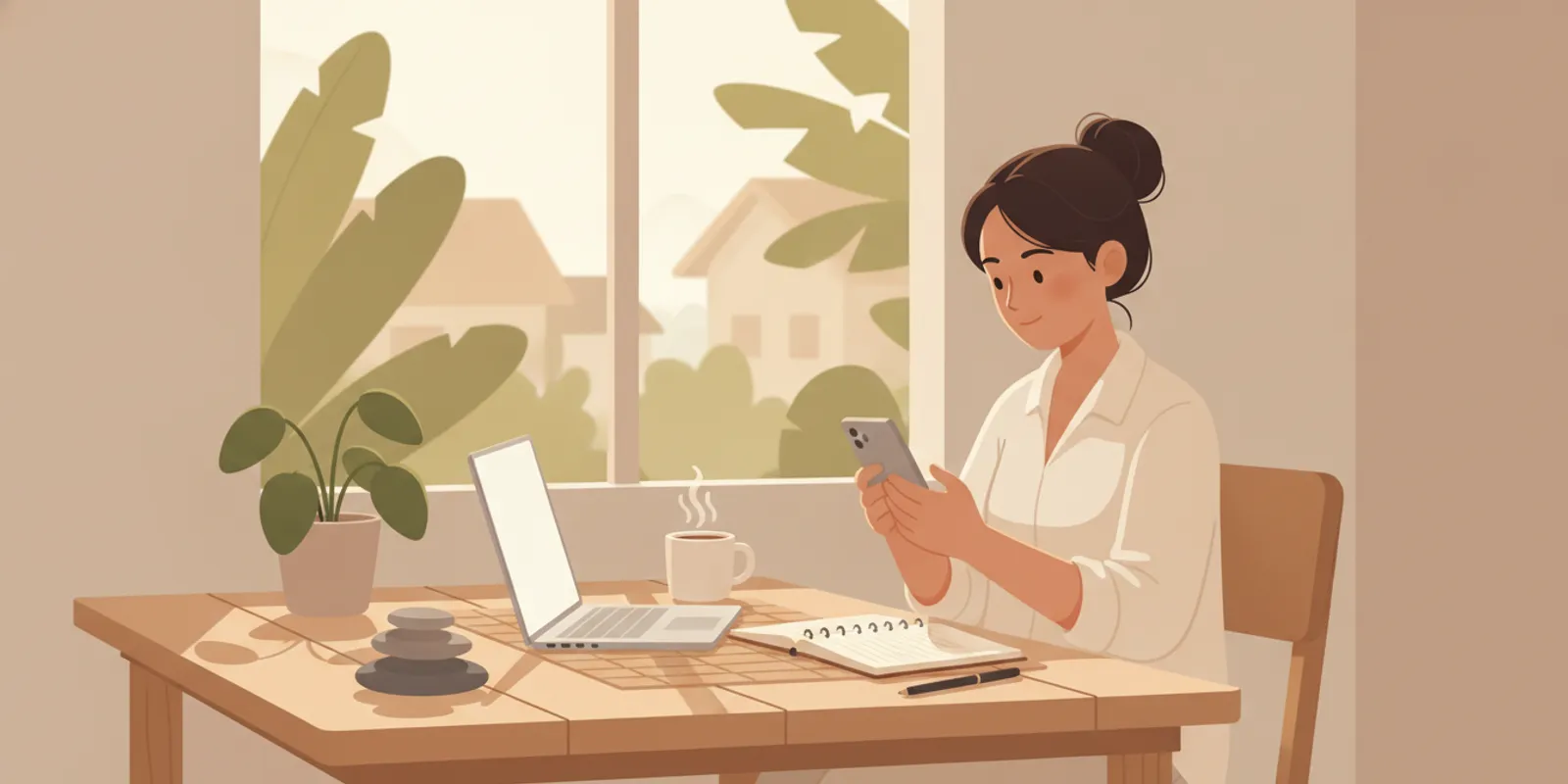 Filipino freelancer reviewing an international payment on a phone at a bright home workspace