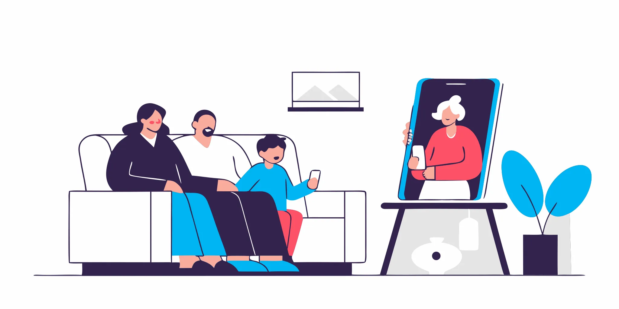 Flat vector illustration of a smartphone money transfer app connecting the United States to the Philippines with a family connection