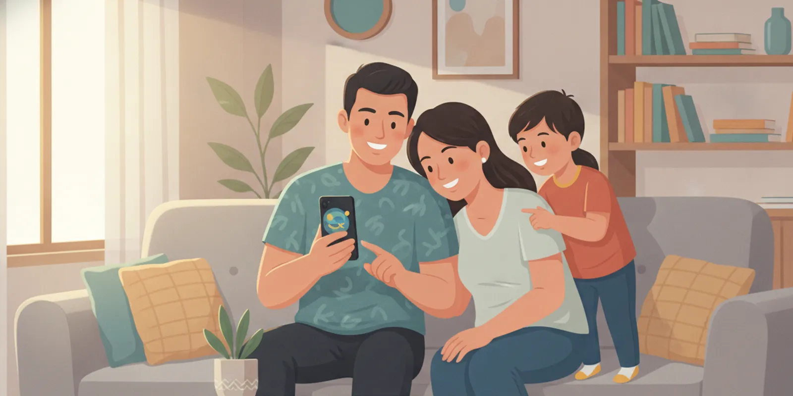 Filipino family reviewing an online money transfer on a phone at home