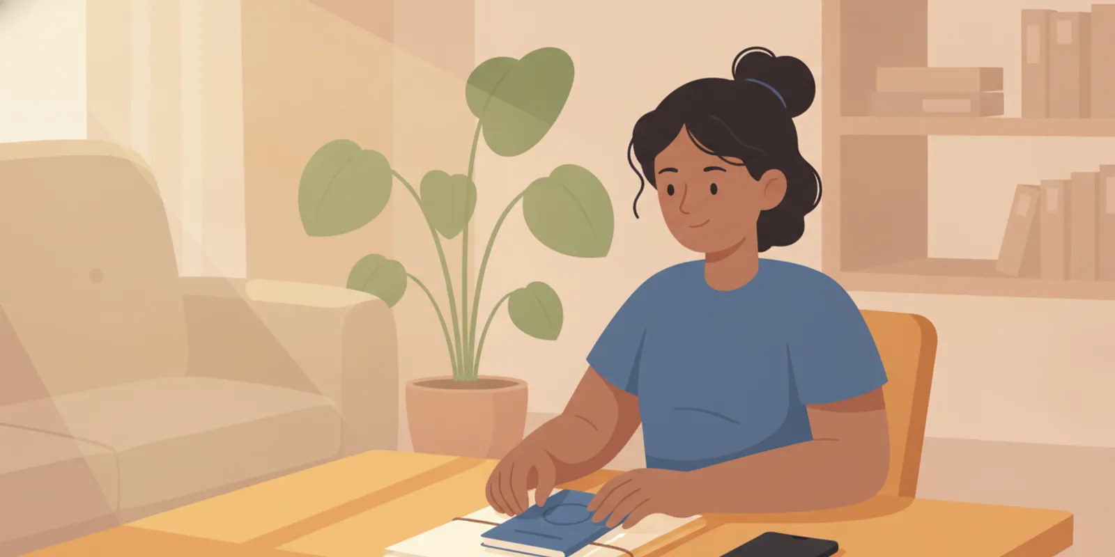 Filipino traveler organizing financial documents and a passport before moving to the United States