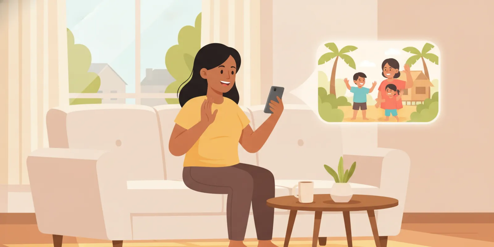 Filipino woman reviewing a money transfer on her phone while speaking with family