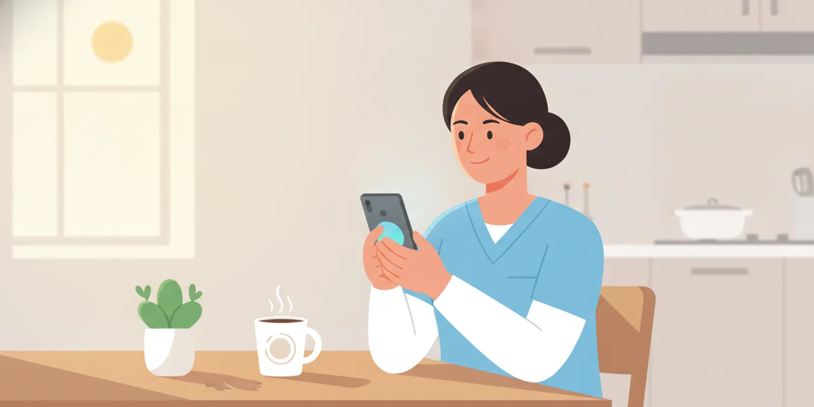 Filipino worker reviewing an international money transfer on a phone at a bright kitchen table