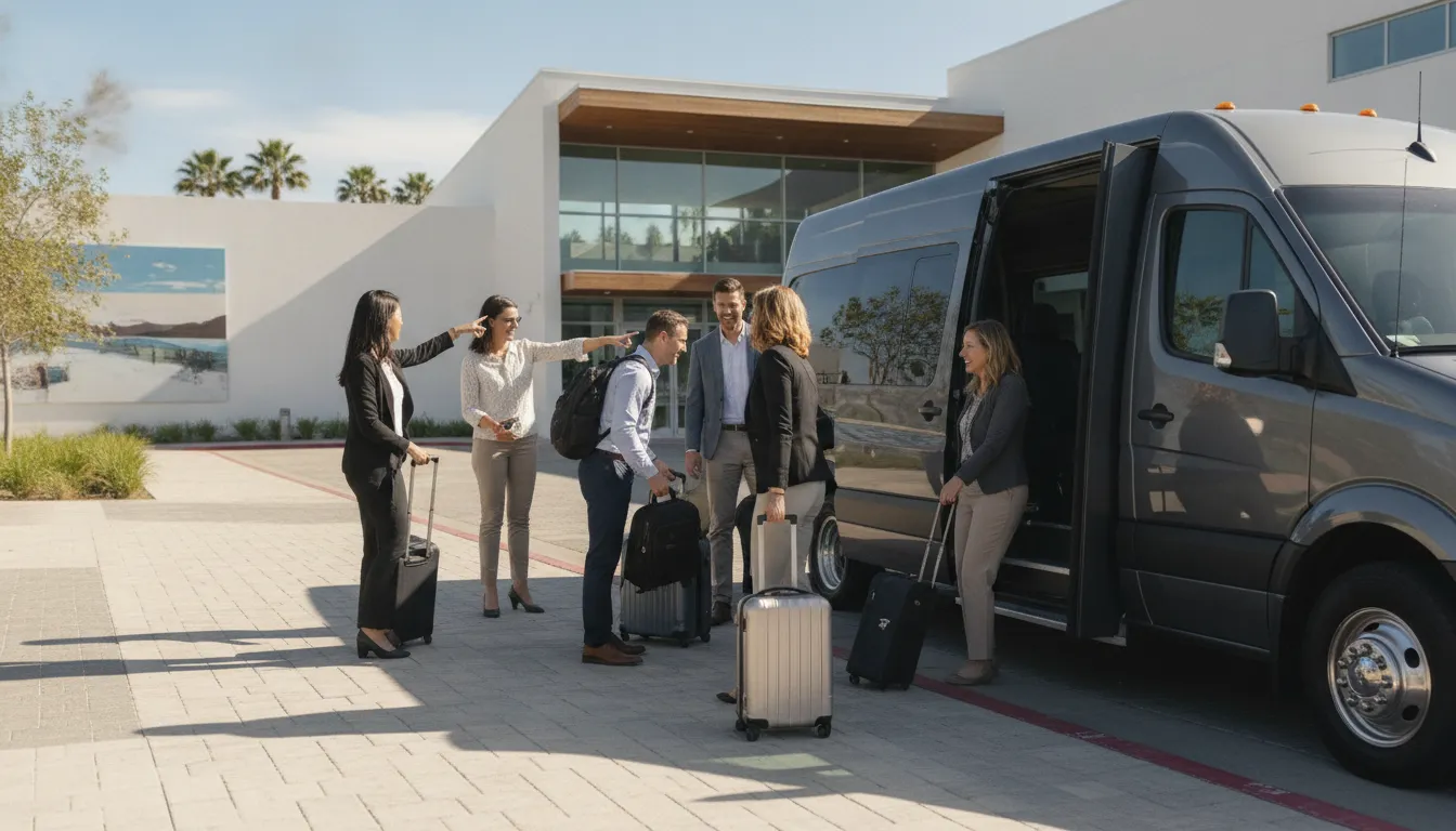 Corporate travelers organizing luggage beside a private Anaheim convention shuttle
