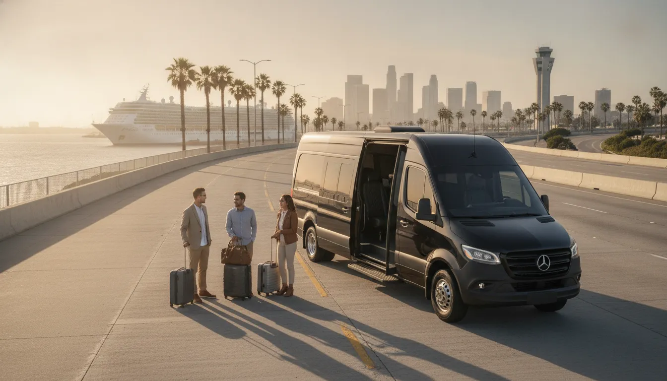 Private van pickup for cruise travelers heading from San Pedro toward LAX