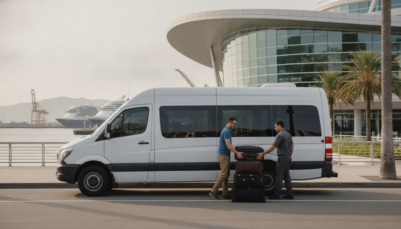 Private passenger van loading cruise luggage beside a Los Angeles cruise terminal