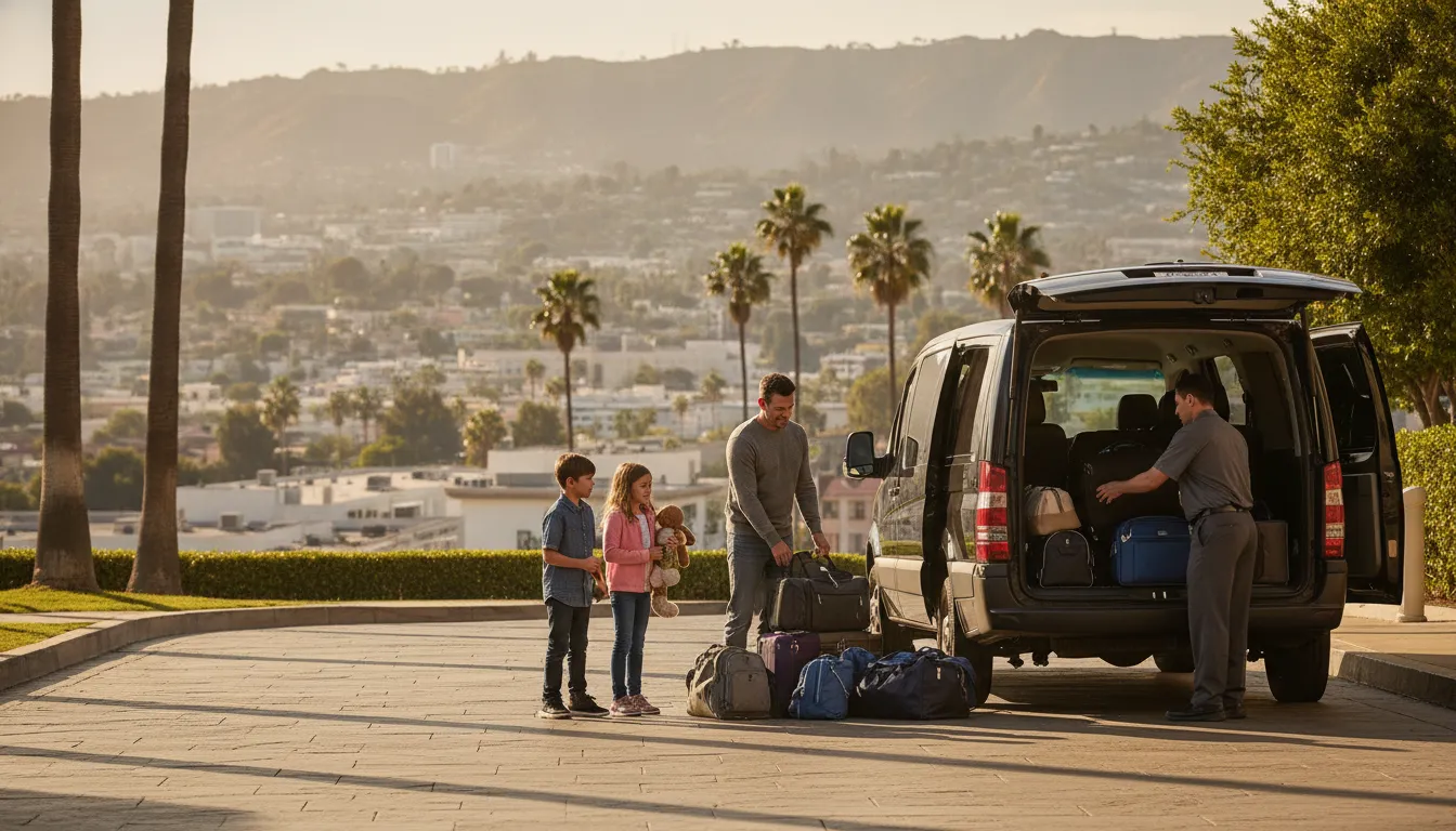 Travelers organizing luggage beside a private Hollywood to LAX shuttle