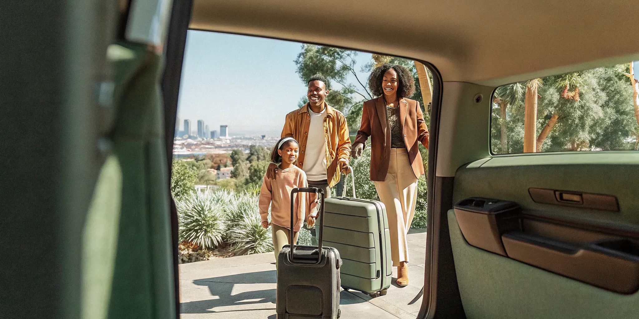 Happy family group with suitcases boarding their private PickUpRide passenger shuttle van
