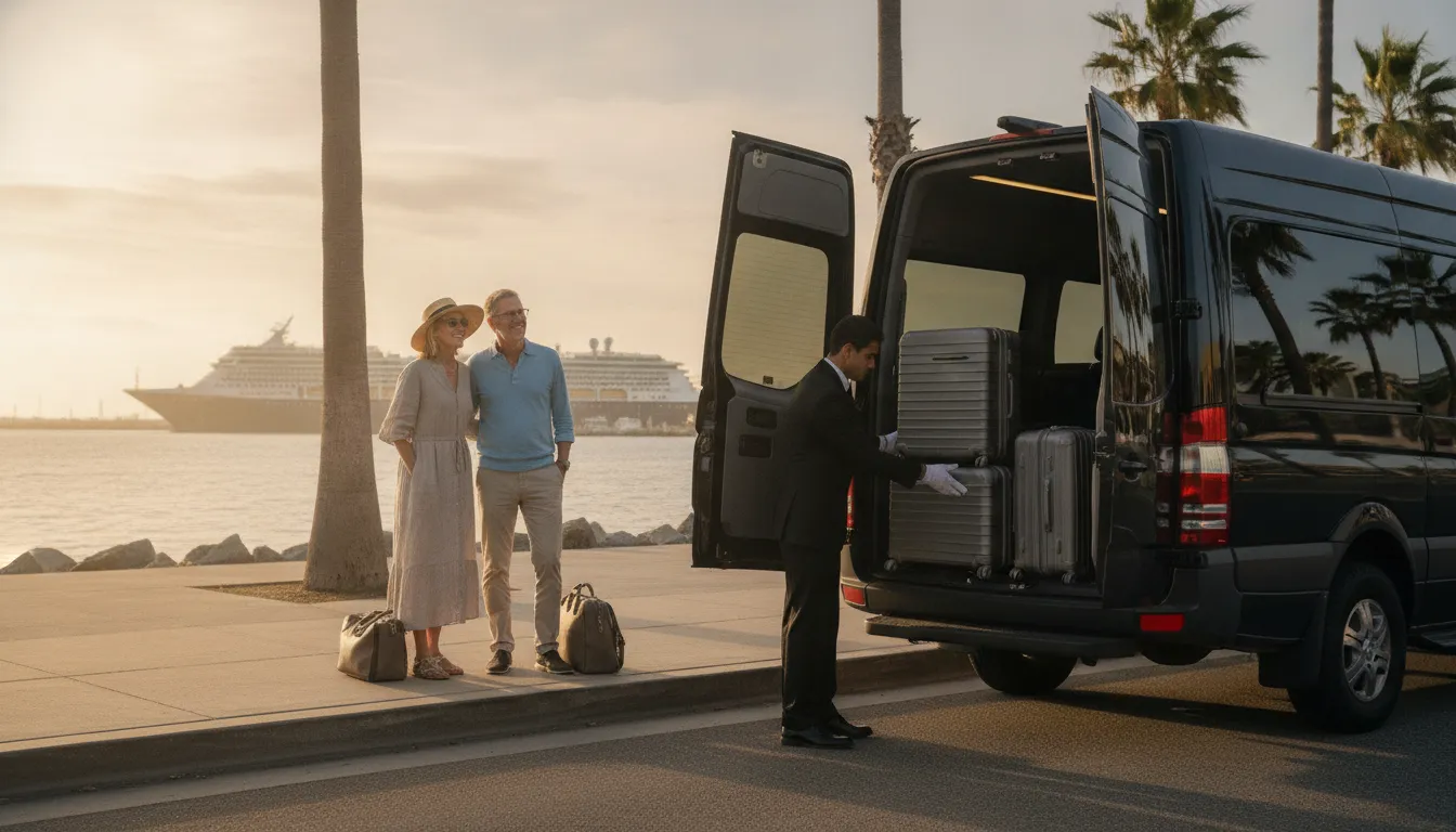 Chauffeur loading cruise luggage into a private van in Long Beach