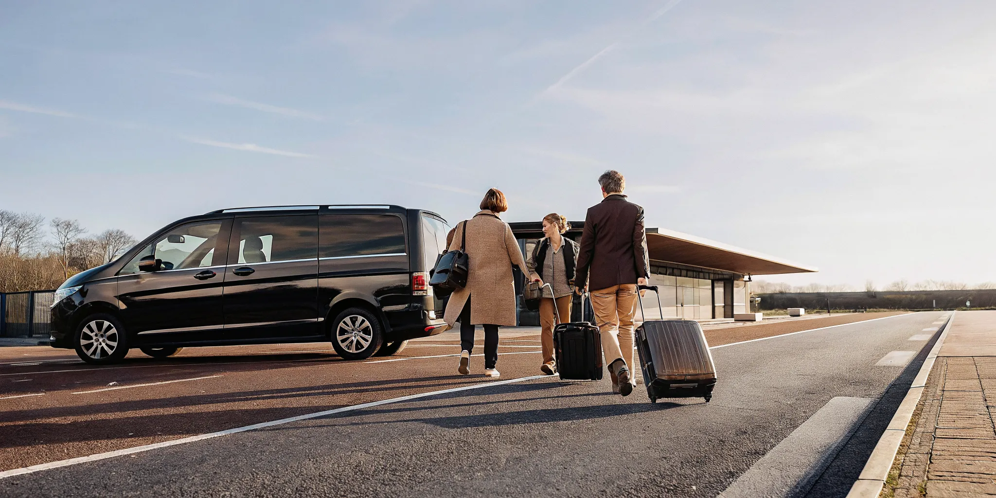 Travelers walking together with luggage toward a private shuttle van outside an airport terminal