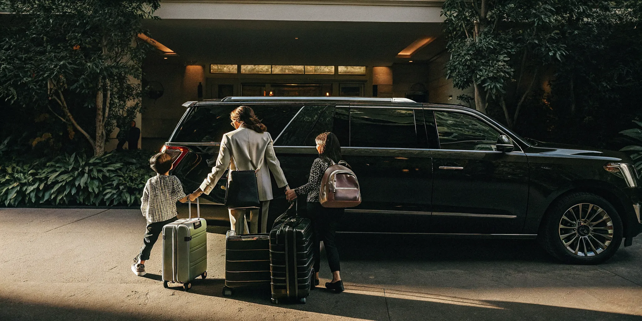 Family with luggage boarding a private black SUV outside a Disneyland-area hotel at golden hour