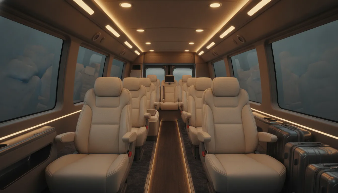 Clean modern private airport shuttle van interior with comfortable seating and luggage space