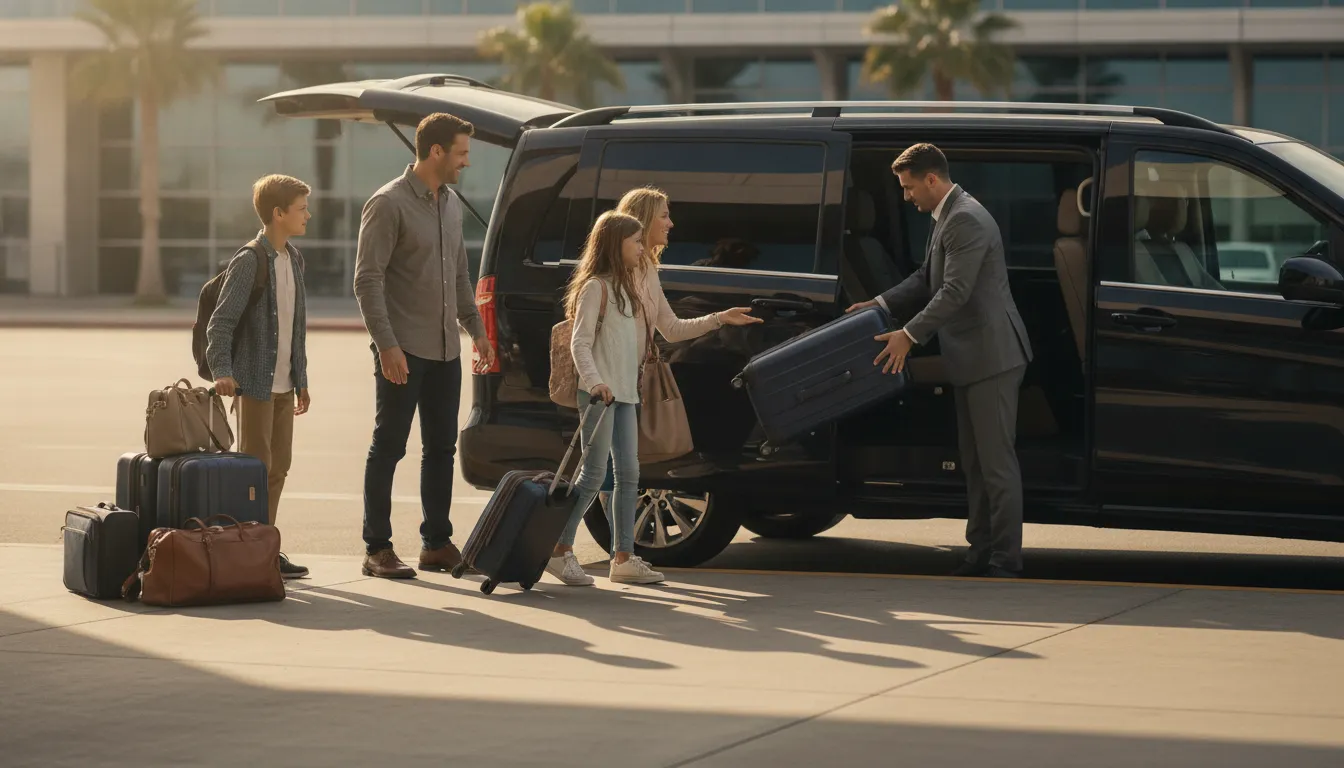 Family loading luggage into a private black van shuttle at an LAX terminal pickup curb
