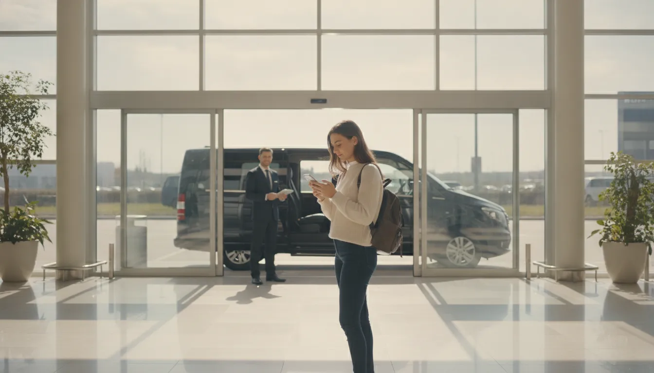 Traveler reviewing trip details on a smartphone while a chauffeur waits beside a van in an airport arrivals terminal