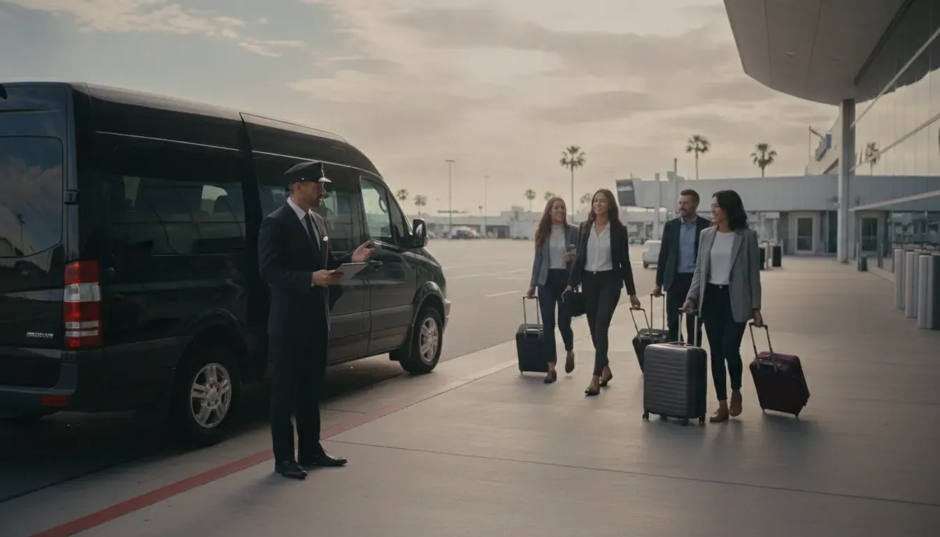 Chauffeur coordinating a private airport pickup for a Hollywood-bound group