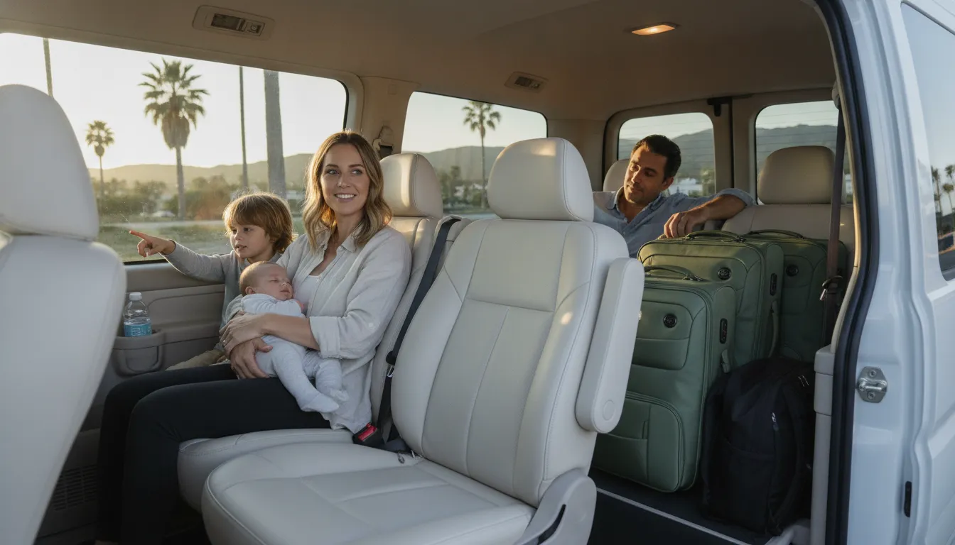 Family settled inside a private LAX to Pasadena shuttle service vehicle with luggage
