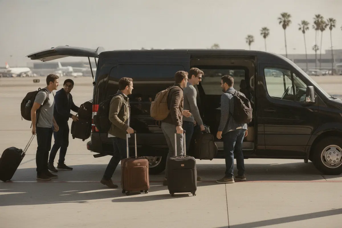 Travelers loading suitcases into a private van after arriving at LAX