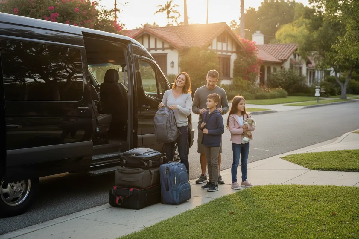 Travelers prepare luggage beside a private van before a trip from San Diego to LAX