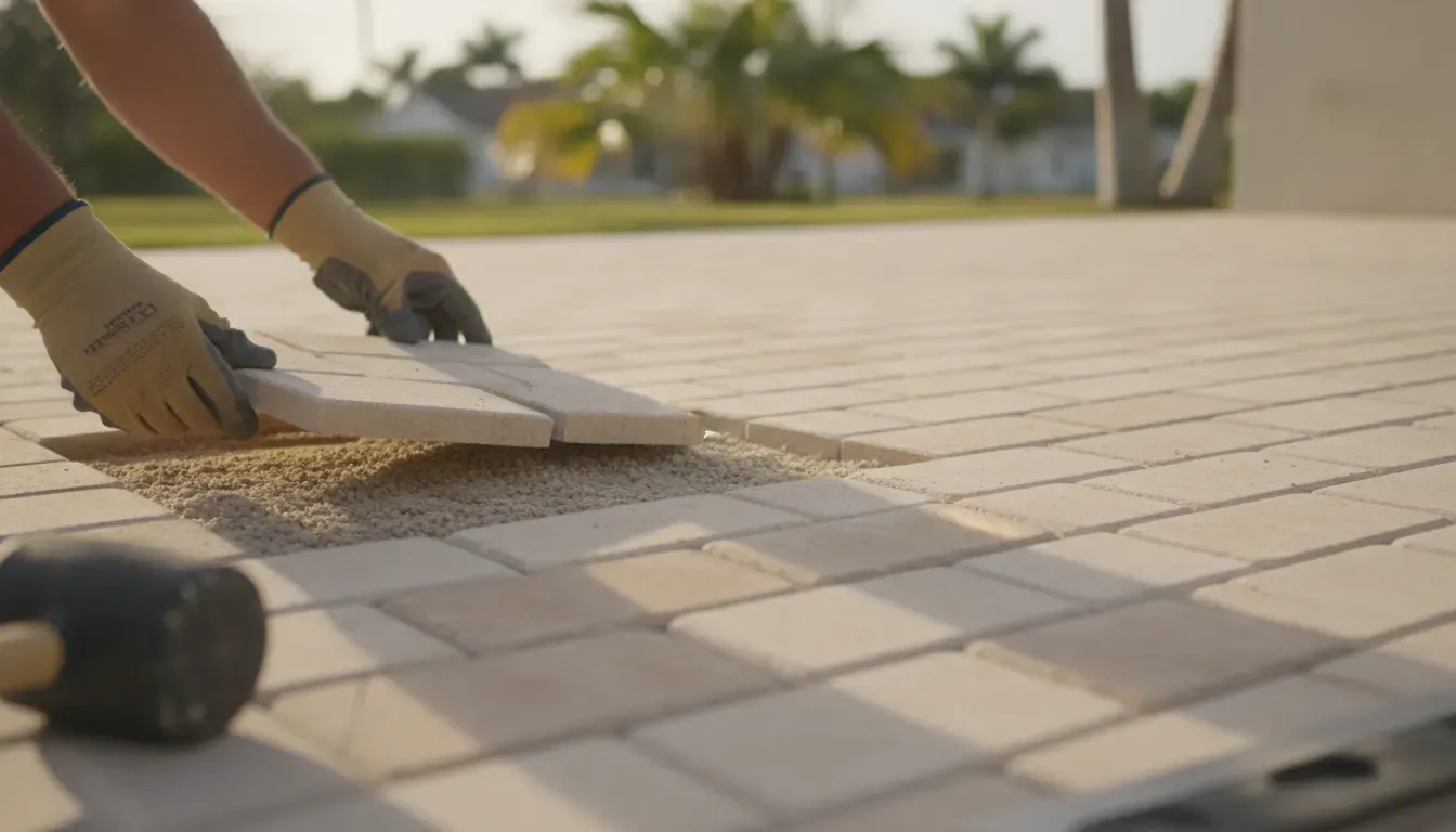Installer placing a porcelain paver into a prepared sand-set bed