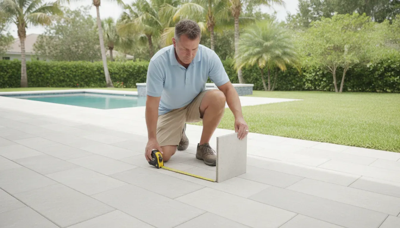 Installer measuring an intact porcelain paver to plan a compatible replacement