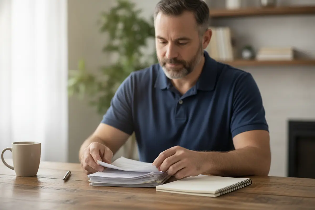 A veteran organizes medical records and notes before an appointment