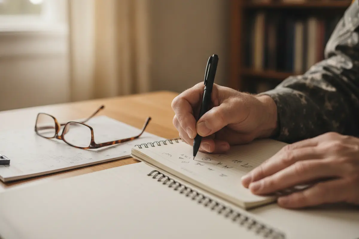 A veteran records symptom dates and daily effects in a notebook