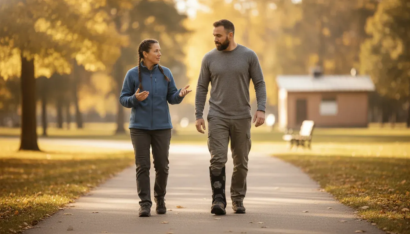 Veteran walking with an ankle brace while discussing ankle pain VA rating evidence with a coach
