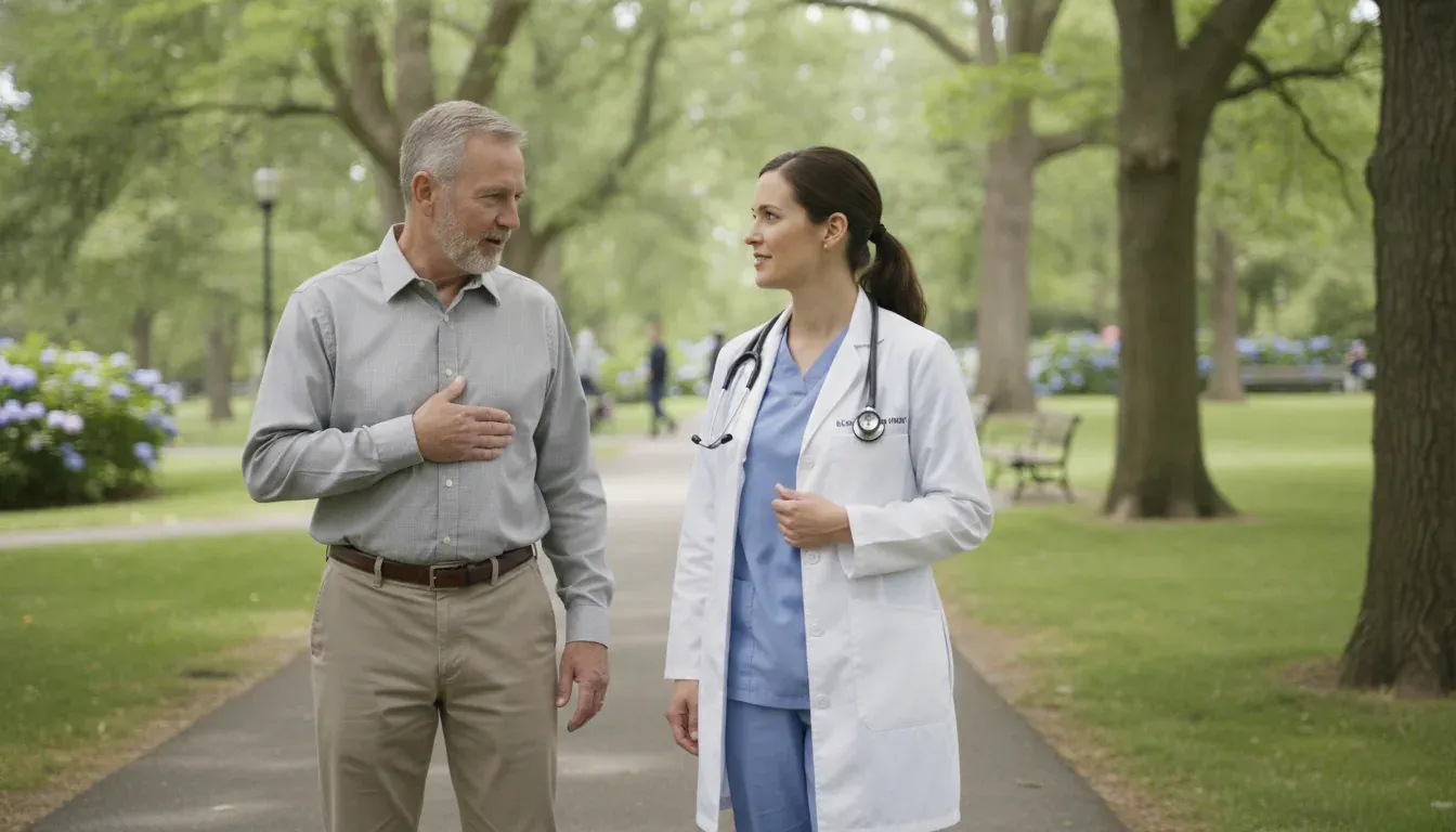 Veteran discussing breathing limitations with a medical professional outdoors