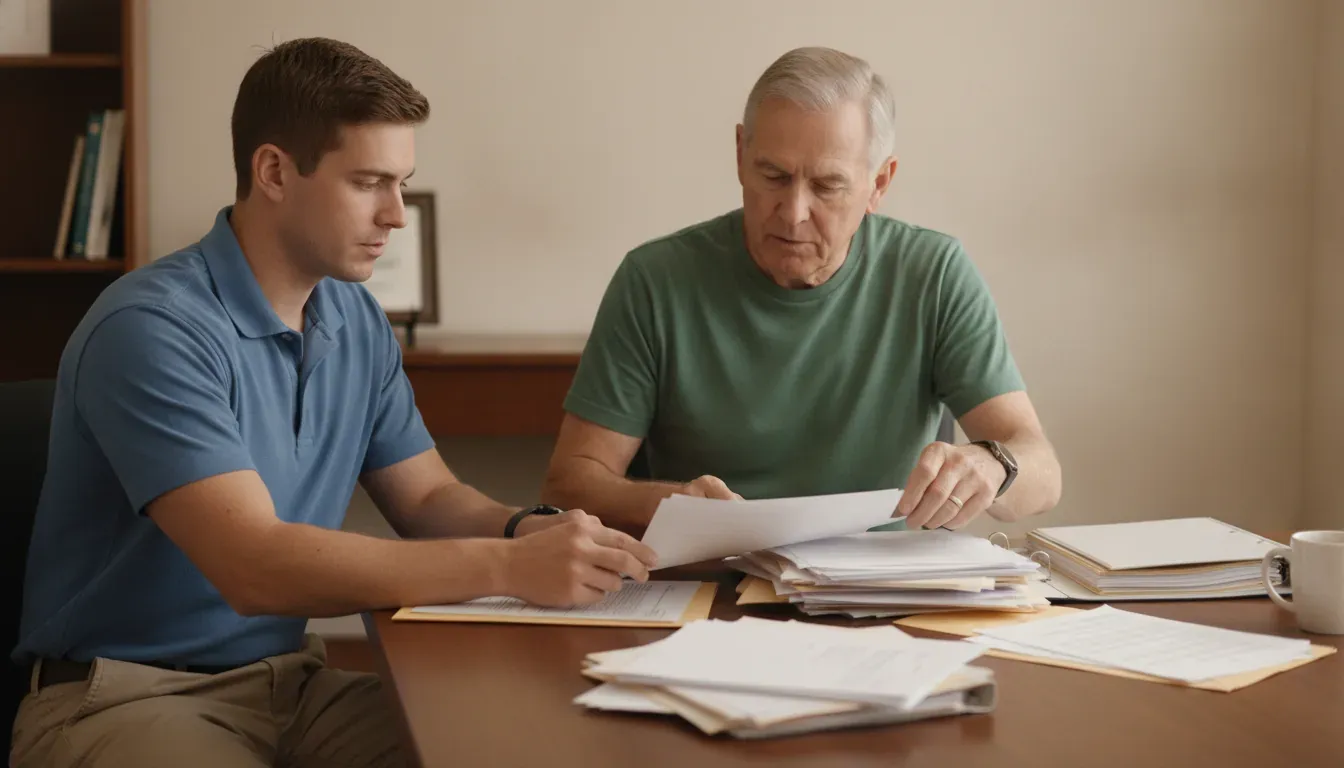 Veteran and coach organizing respiratory claim records together
