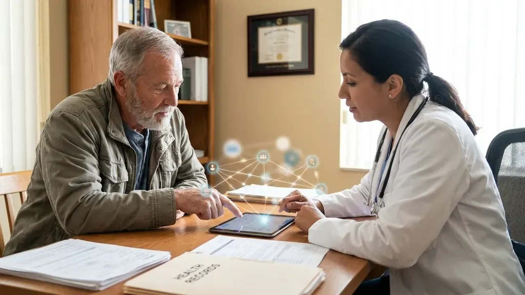 Doctor explaining a nexus letter for secondary condition to a veteran