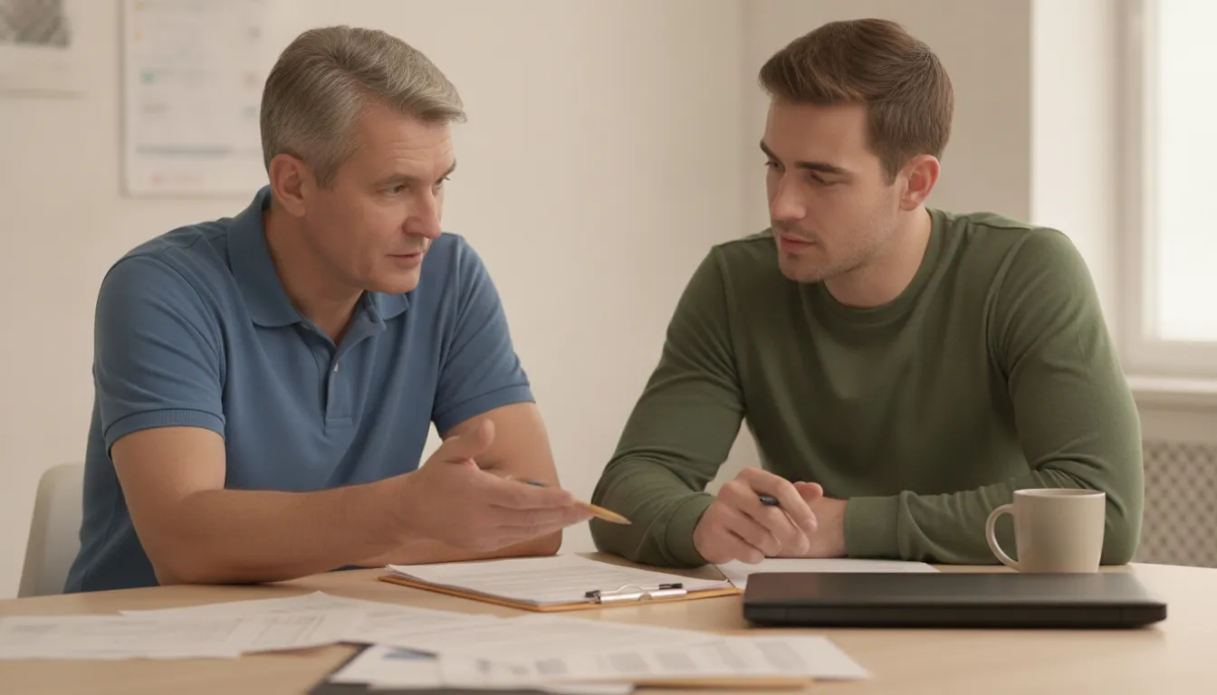 Two veterans reviewing VA claim paperwork together with a supportive coach in a bright office setting