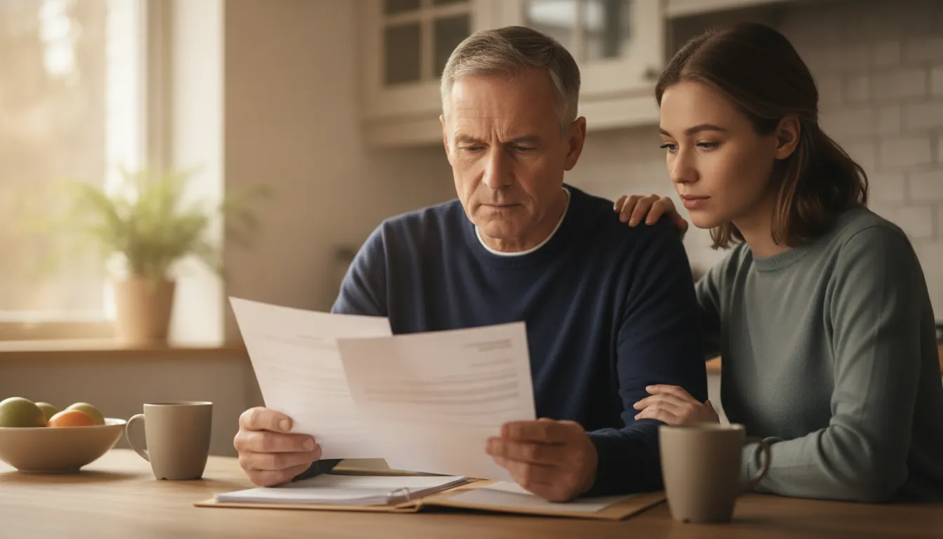 A veteran organizing medical evidence and claim notes at a kitchen table in warm natural light