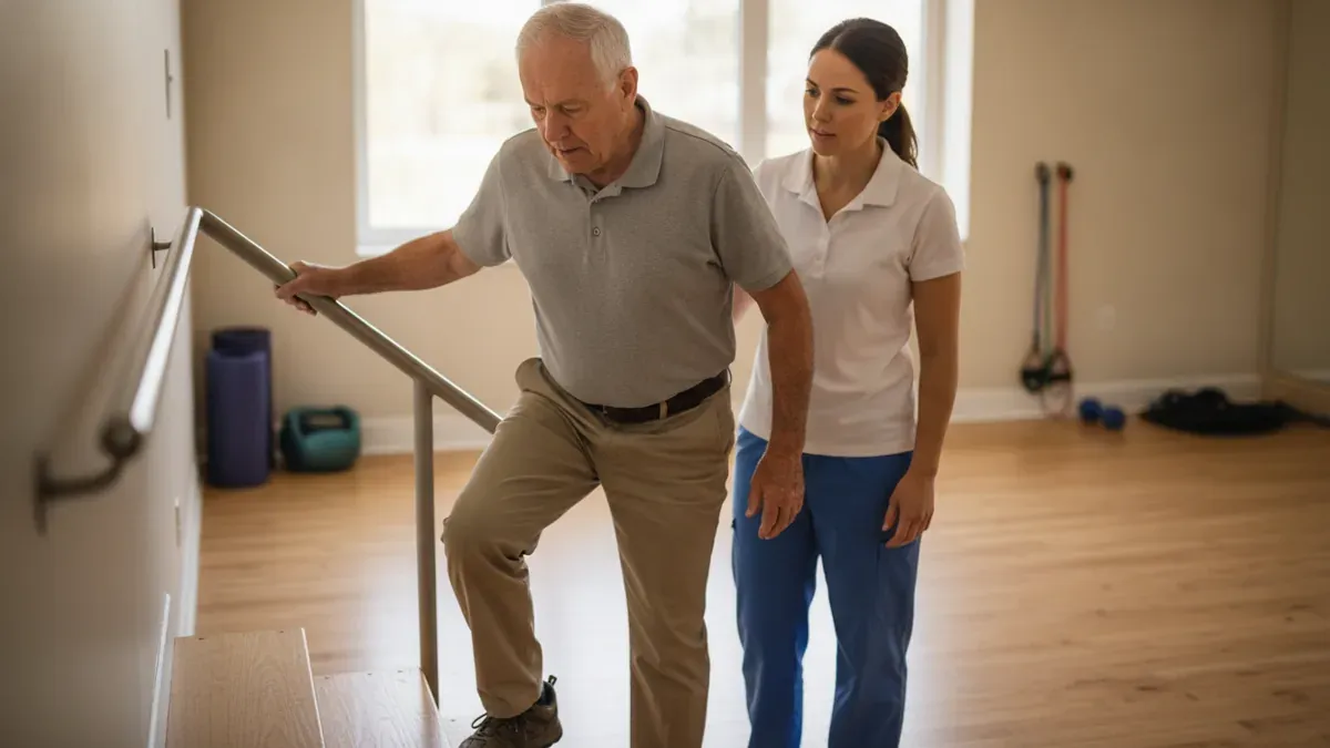 Veteran using stairs to show functional limits for a knee pain VA rating