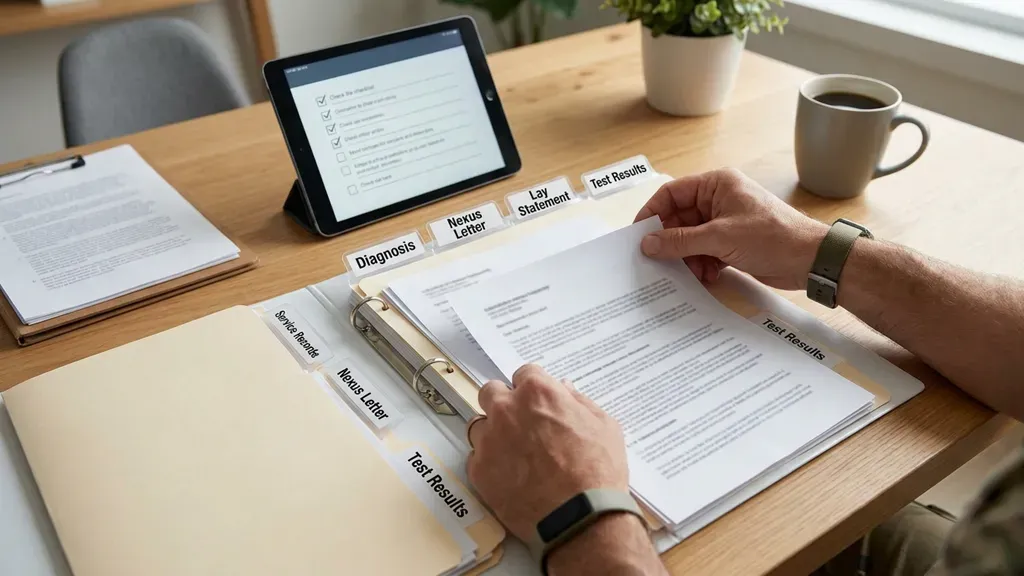 Organized medical evidence for VA claim with diagnosis service records nexus letter and test results