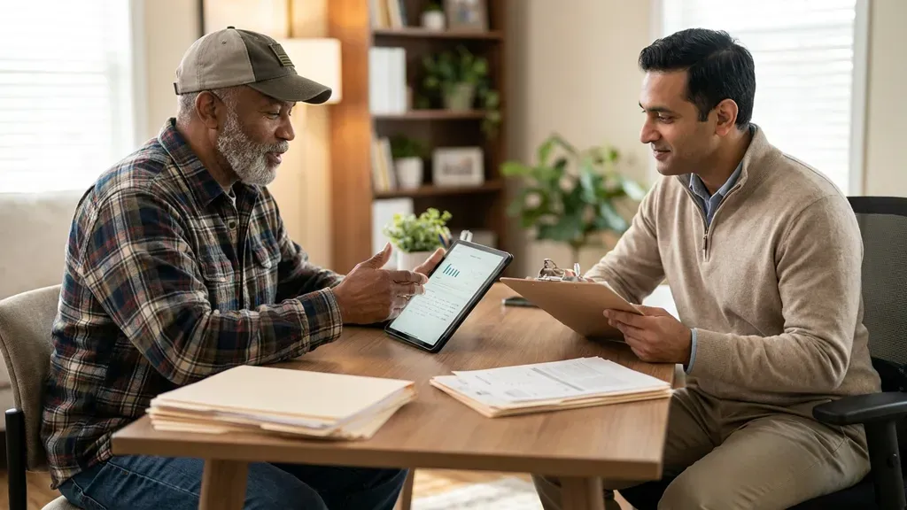 Veteran reviewing medical evidence for VA claim with a healthcare professional