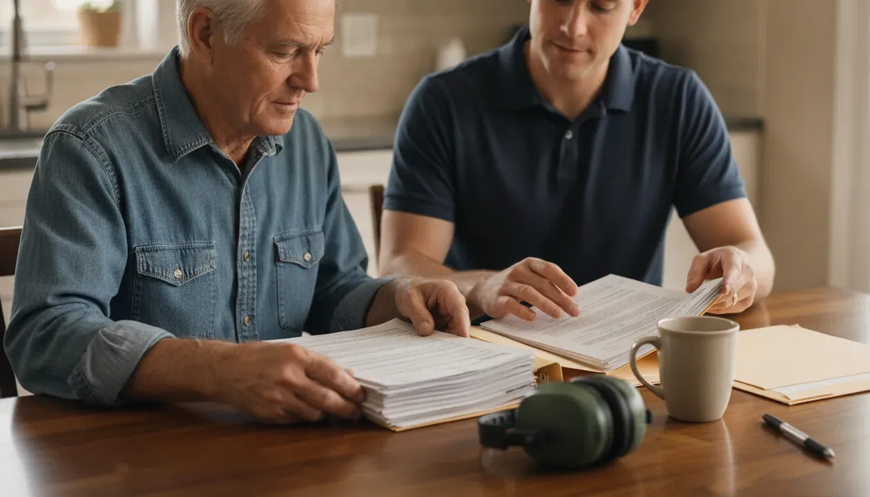 Veteran and coach reviewing records for a tinnitus VA rating claim