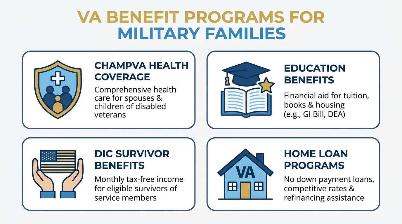 Overview of VA benefit programs for military families including CHAMPVA, education benefits, DIC, and home loans