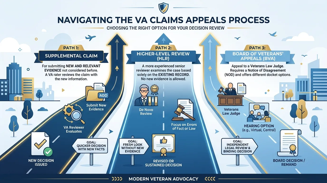 Infographic showing the VA claims appeals process with the three AMA appeal lanes for denied claims