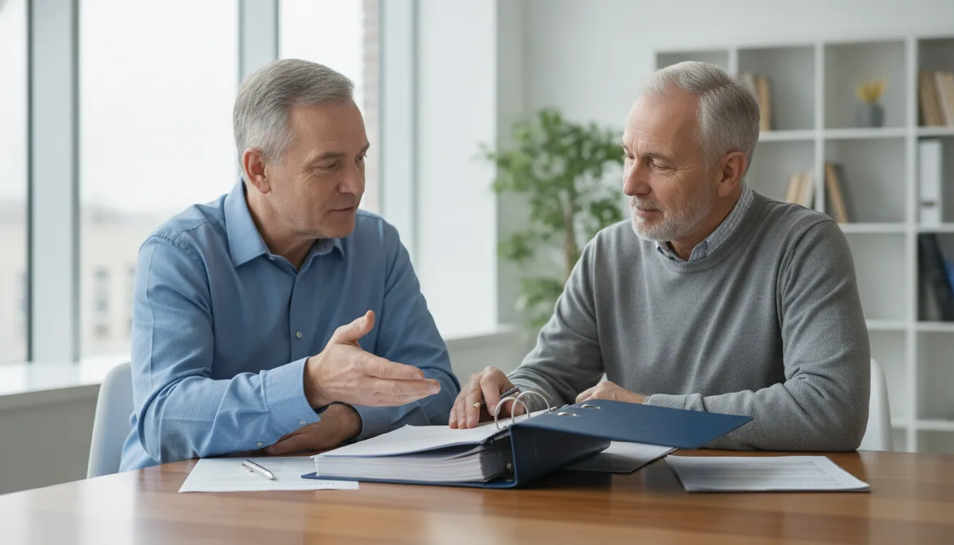 Two veterans reviewing a VA disability back pay planning binder