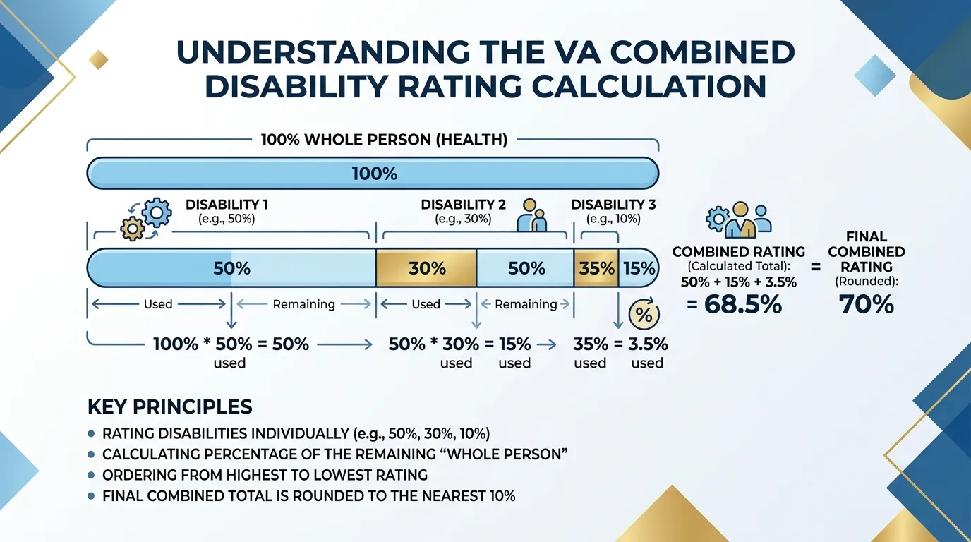 Diagram illustrating how the VA combined disability rating formula works for veterans