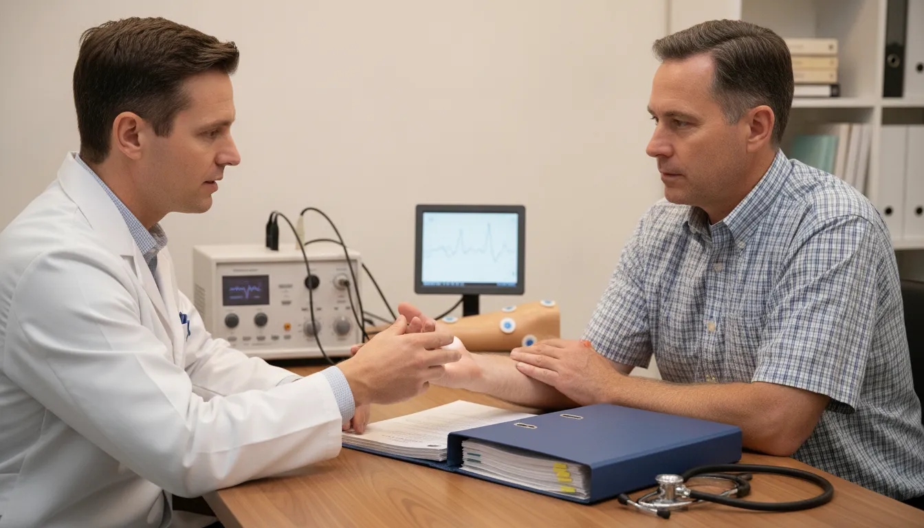 Doctor reviewing EMG evidence for VA rating for carpal tunnel with a veteran