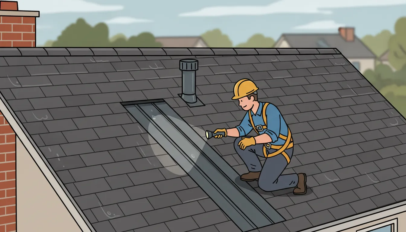 Roofer inspecting flashing on a wet shingle roof