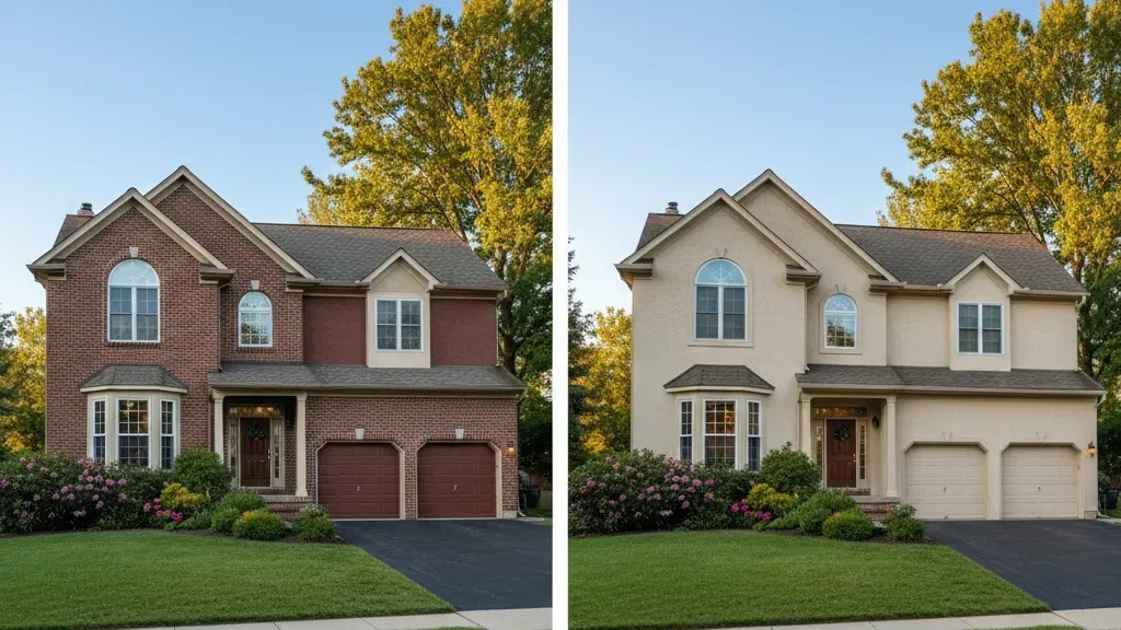 Side-by-side comparison of brickface stucco and traditional stucco exterior finishes on New Jersey homes