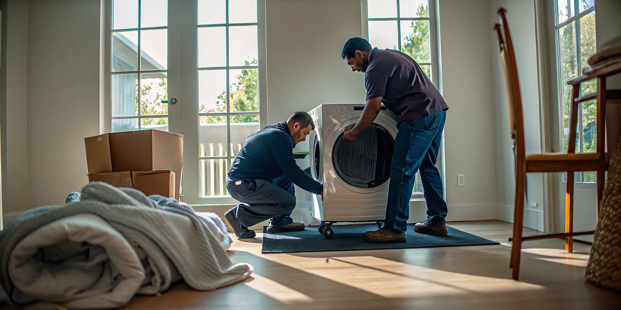 Professional movers using an appliance dolly to move a washing machine