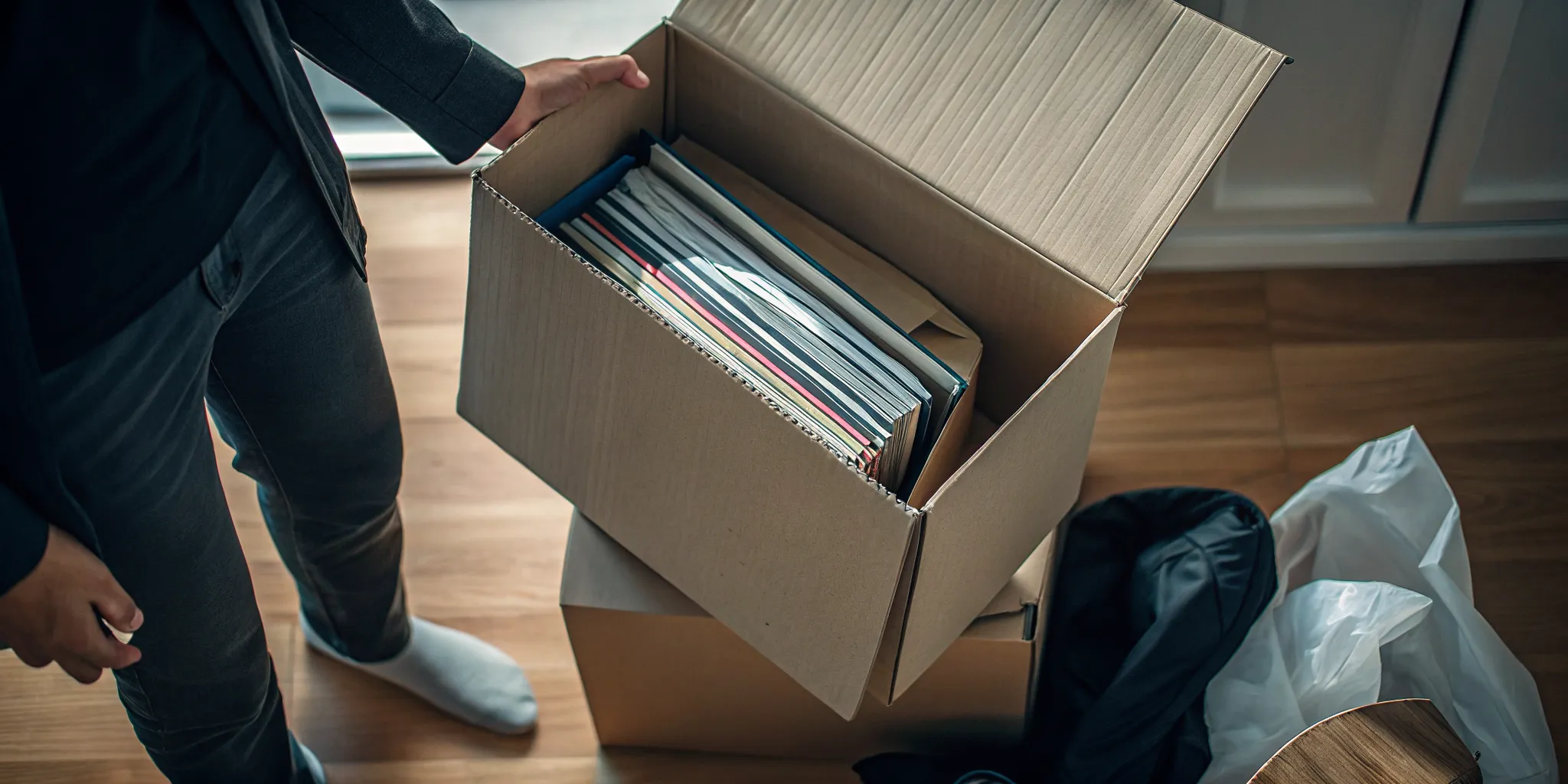 Books packed flat and upright in a sturdy moving box with packing paper